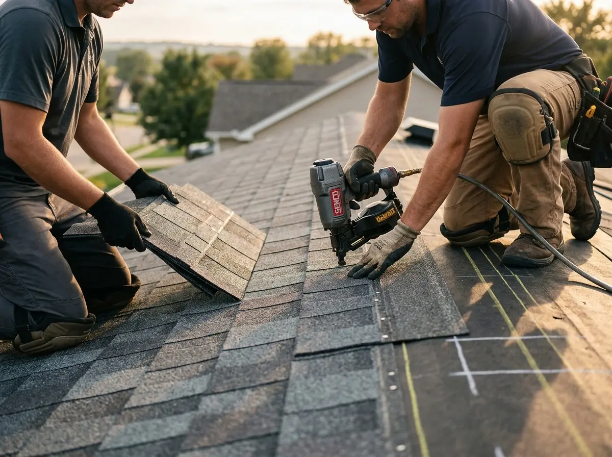 Professional roofer working on a residential roof in Alamo